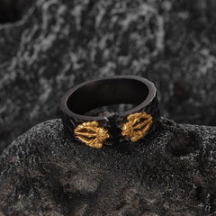 Black ring with gold dragon details, stylish unisex jewelry gift