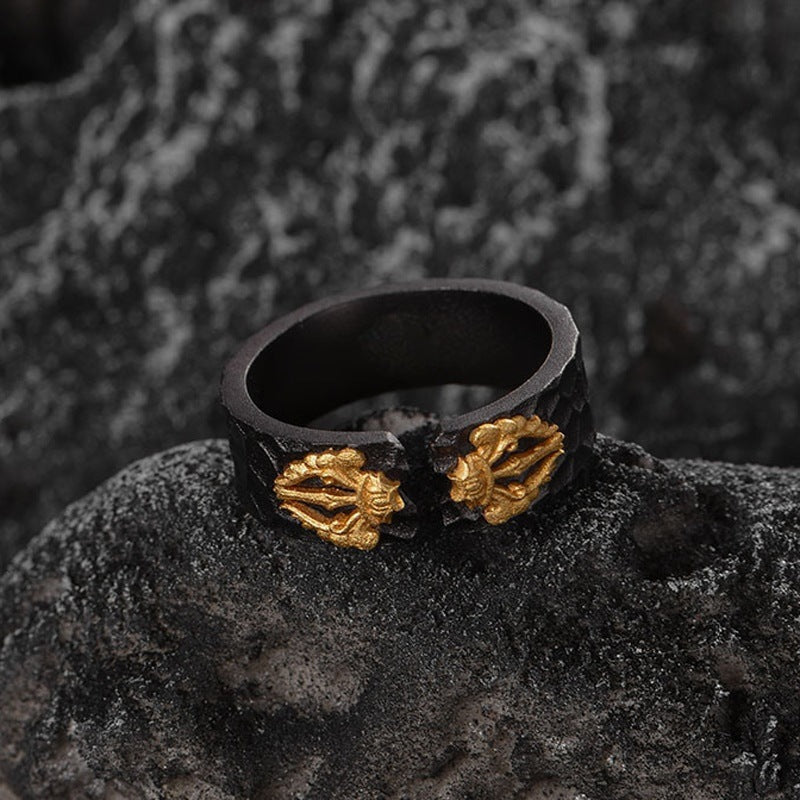 Black ring with gold dragon details, stylish unisex jewelry gift