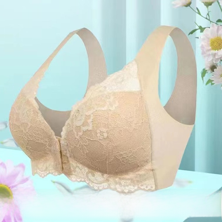 Beige lace bra with floral details, soft support for everyday wear