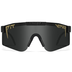 Black Viper sports sunglasses with gold logo, sleek wraparound design for outdoor activities