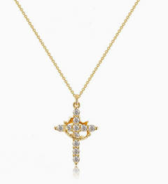 Gold cross necklace with sparkling crystals, elegant religious pendant for women