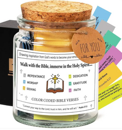 Color-coded Bible verses in a glass jar with cork lid, perfect inspirational gift for faith and gratitude