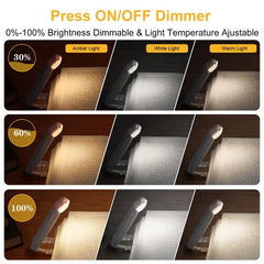 Adjustable LED book light with dimmable brightness and color temperature for reading