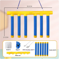Yellow hanging game with blue foam grab sticks, USB charging cable, rope, hooks – fun family activity toy