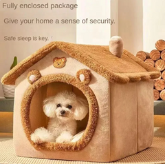 Cozy bear-themed dog house with fluffy white puppy inside, perfect for safe, warm pet sleep