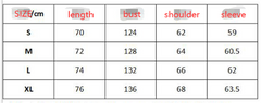 Size chart for clothing with measurements in cm for S, M, L, XL sizes