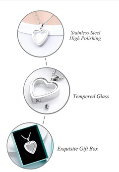 Heart-shaped stainless steel pendant with tempered glass, presented in an exquisite gift box for family gifts.