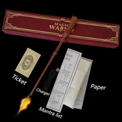 Magic wand gift set with glowing tip, charger, ticket, mantra list, and paper in red box