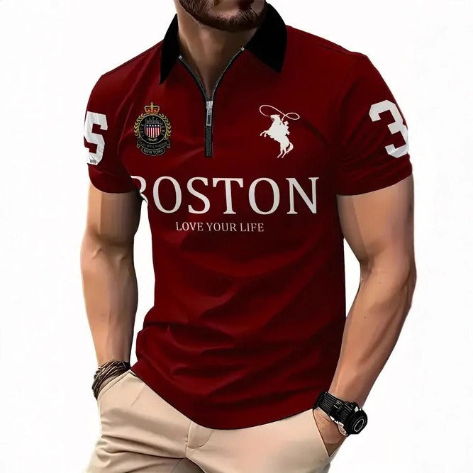 Men's burgundy Boston polo shirt with 'Love Your Life' text, half-zip, and rodeo logo for casual wear