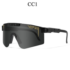 Black Viper shield sunglasses with gold logo, sleek design for men's fashion and sun protection