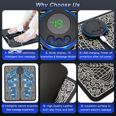 EMS foot massager with 19 intensity levels, USB charging, leather pad, and acupoint targeting for relaxation