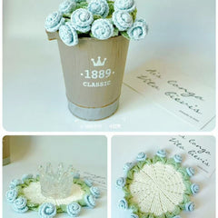 Handcrafted crochet roses in rustic bucket, perfect for home decor or gifting