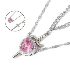 Pink heart crystal sword pendant necklace with silver chain, perfect gift for her