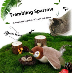 Trembling Sparrow cat toy with realistic sound, perfect for playful cats on grassy scene