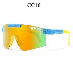 Viper CC16 sport sunglasses with gradient yellow-green lens and blue speckled frame, ideal for outdoor activities