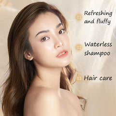 Woman with shiny brown hair using waterless shampoo for refreshing, fluffy hair care