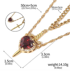 Gold heart pendant necklace with red gemstone and sword detail, 50cm chain, perfect gift for her