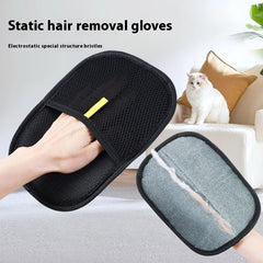 Static hair removal gloves with electrostatic bristles for pet hair, shown with a cat on a couch