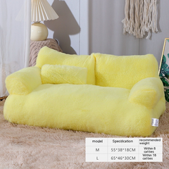 Soft yellow plush pet sofa bed for cats, cozy floor lounger with armrests, perfect for small to medium pets