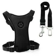Black mesh dog harness with paw print and matching leash for safe walking