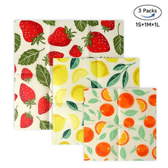 3-pack reusable food wraps with strawberry, lemon, and orange prints for eco-friendly storage