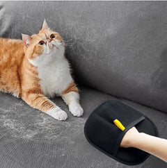 Cat hair removal glove cleaning pet fur from gray sofa, gentle grooming tool for cats