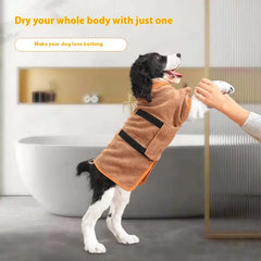 Dog in cozy brown bathrobe after bath, perfect pet gift for dog lovers