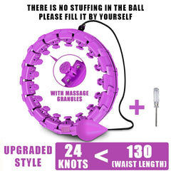 Purple massage waist trainer with 24 knots, adjustable for up to 130-inch waist, includes screwdriver