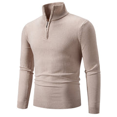 Beige men's quarter-zip sweater with ribbed collar and cuffs, cozy casual knitwear for gifts