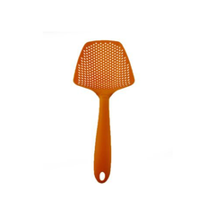 Orange plastic slotted spatula for kitchen cooking and flipping food