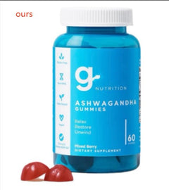 Ashwagandha gummies in blue bottle, mixed berry flavor, 60 count, for relaxation and restoration