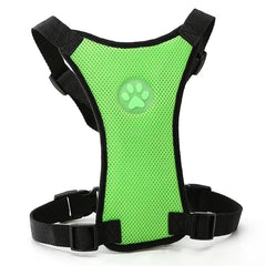 Bright green mesh dog harness with paw print, adjustable black straps for small pets