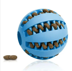 Blue interactive dog treat ball with kibble inside, fun pet toy for training and play
