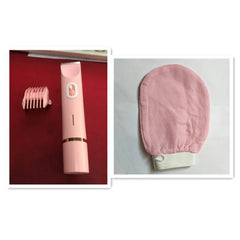 Pink electric nose hair trimmer with comb attachment and matching exfoliating glove