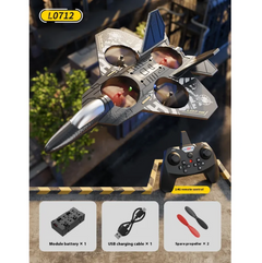 L0712 RC fighter drone with 2.4G remote, battery, USB cable, spare propellers – kids' tech gift