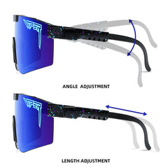 Adjustable blue mirrored sunglasses with angle and length customization for comfortable fit