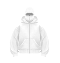 White zip-up hoodie with hood and front pocket, cozy casual wear for everyday comfort