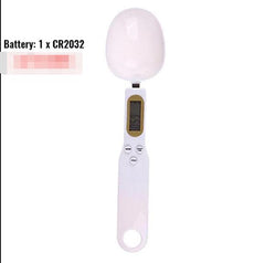 Digital kitchen spoon scale with LCD display, white design, measures weight for cooking or baking