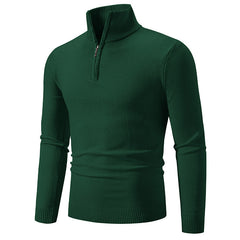 Dark green men's quarter-zip sweater with ribbed collar and cuffs, cozy winter knitwear
