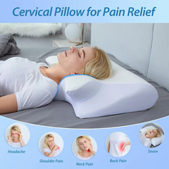 Cervical pillow for neck pain relief, supports head and shoulders, helps with headaches, snoring, back pain
