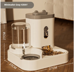 Minimalist gray automatic pet feeder with water dispenser, 27cm height, modern design for cats or dogs
