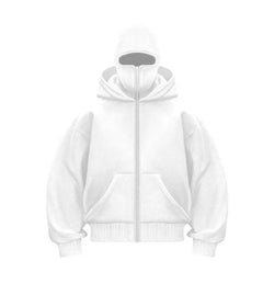 White zip-up hoodie with hood and front pockets, cozy casual wear for everyday comfort