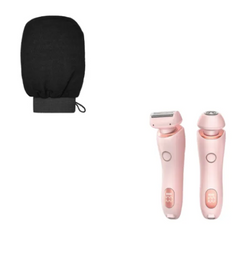 Pink dual-head electric shaver set with black exfoliating glove for body grooming