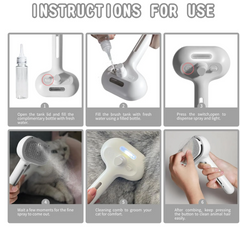 Cat grooming tool with spray & light: fill tank, press switch, comb gently for pet comfort