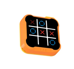 Portable tic tac toe game with orange case, red Xs and blue Os on black grid, fun family travel toy