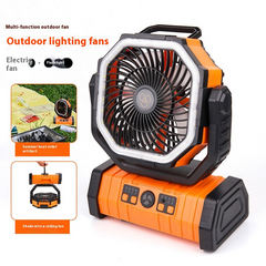Orange portable outdoor fan with LED light, perfect for camping or summer heat relief