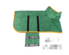 Green pet drying robe with orange trim and black straps, cozy towel wrap for dogs