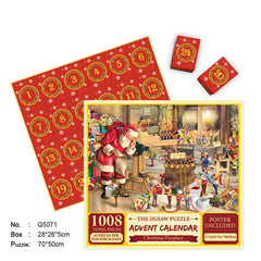 1008-piece Christmas advent calendar jigsaw puzzle with Santa, elves, and festive fireplace scene, poster included