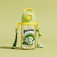 Cute green and yellow kids water bottle with flower cartoon design and carry strap