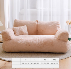 Soft pink plush pet sofa bed with cozy cushions, perfect for cats and dogs, shown with size chart